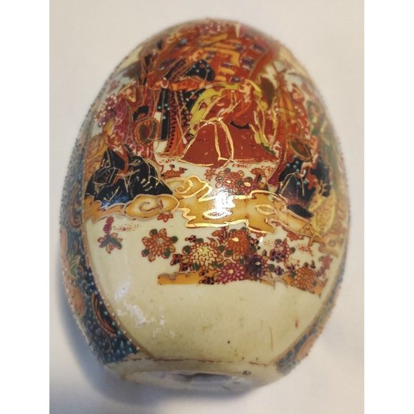 Vintage Chinese Ceramic Eggs Large 5x3" Festive Hand Painted W/ Wooden Pedestal - Picture 7 of 16